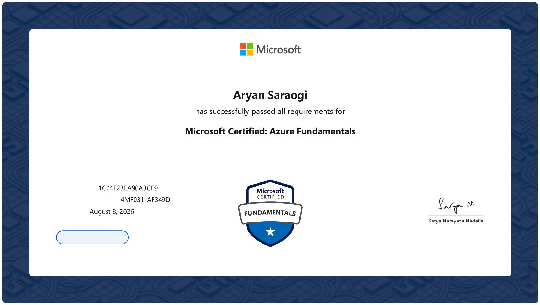 Microsoft Certified: Azure Fundamentals, awarded to Aryan Saraogi