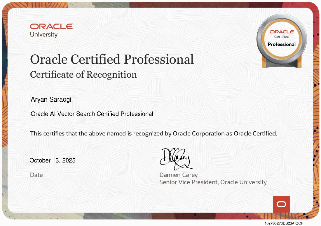 Oracle AI Vector Search Certified Professional, awarded to Aryan Saraogi