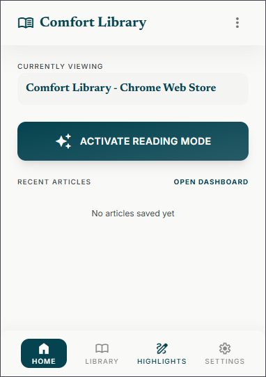 Comfort Library extension popup, with the button that activates reading mode