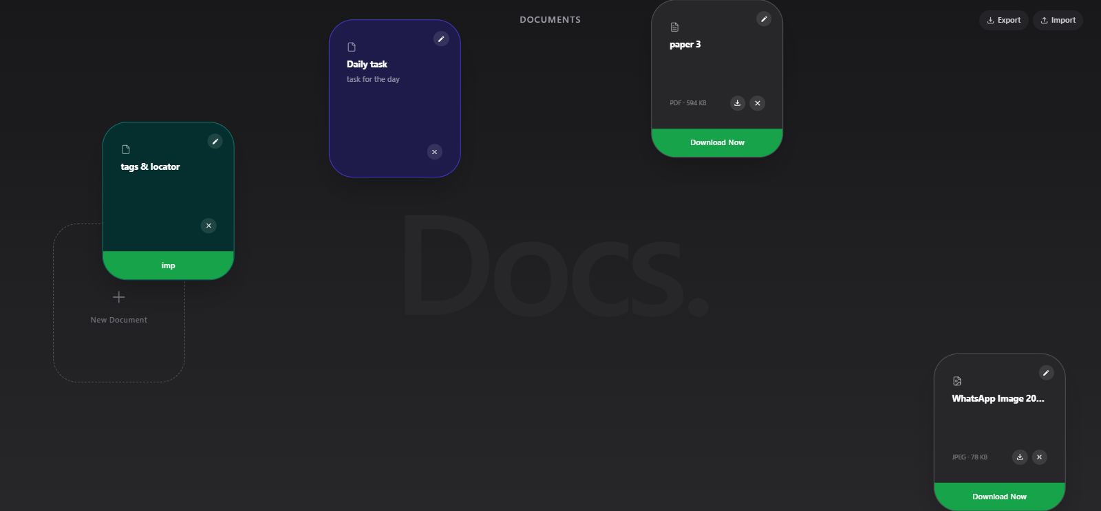 Docs board, with document cards scattered across the surface and dragged into place