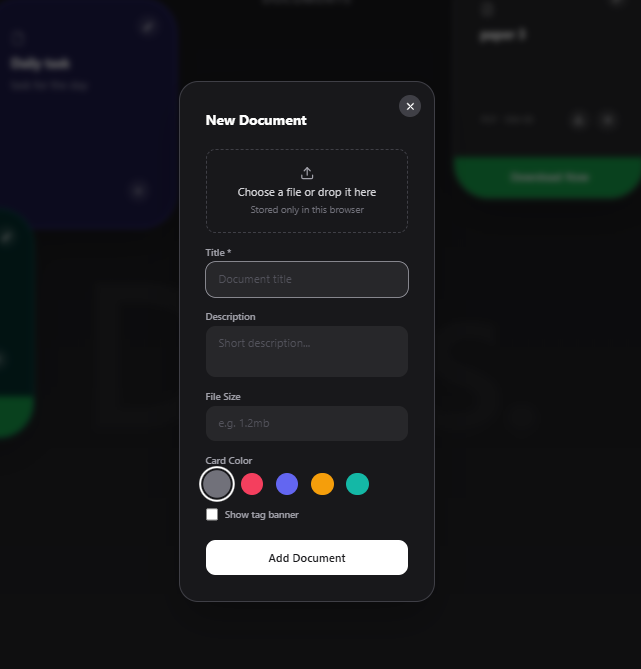 Docs new document dialog, with file drop, title, description and card colour
